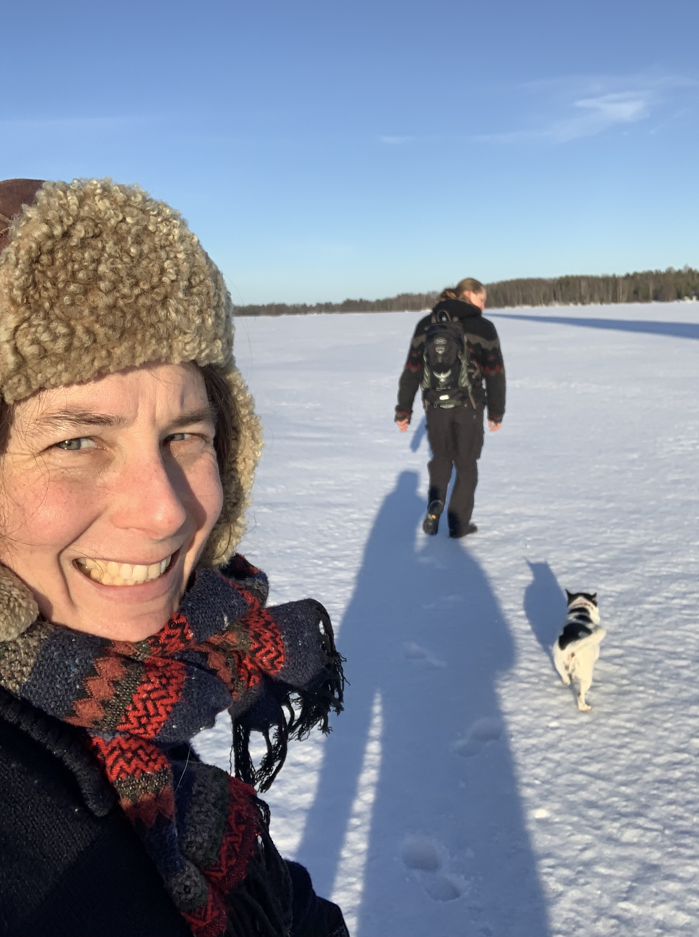 And off we go for a walk on the ice with Duschi the dog and Captain H.